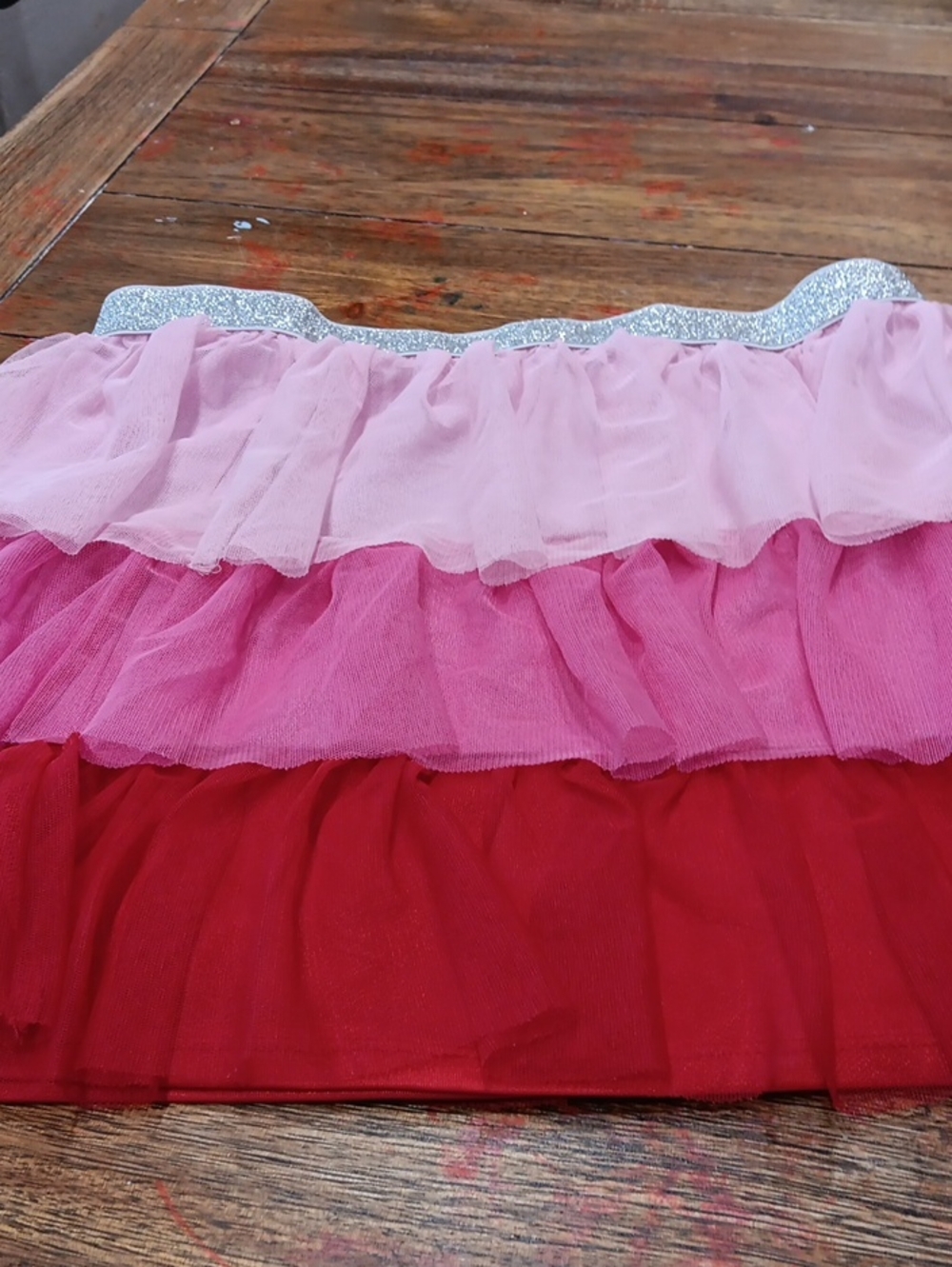 Celebrate Tiered Pink and Red Tulle Skirt with Silver Waistband